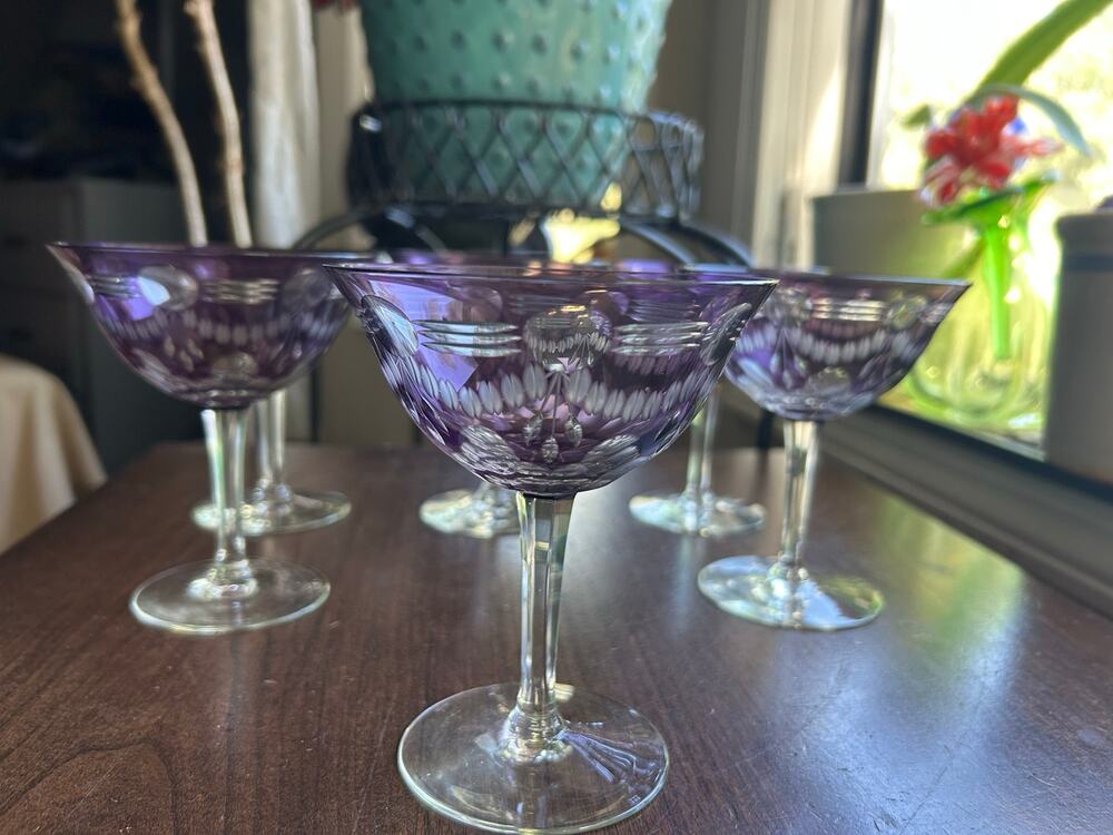2 Hoya Crystal Horizon lavender cut to clear champagne sherbet glasses